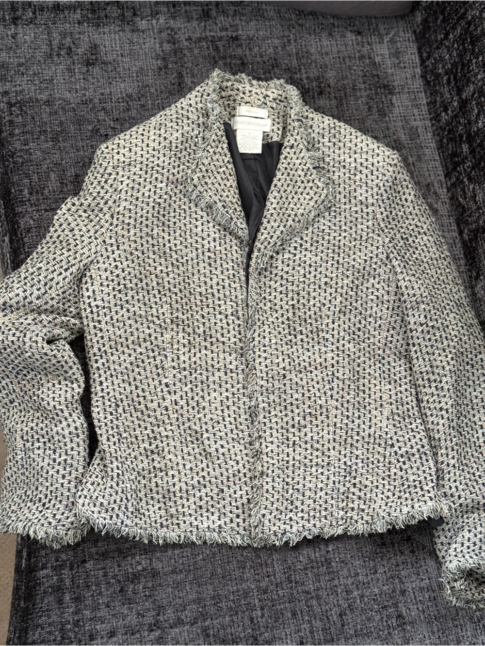 Worthington Blue and White Tweed Fringe-Trim Blazer
